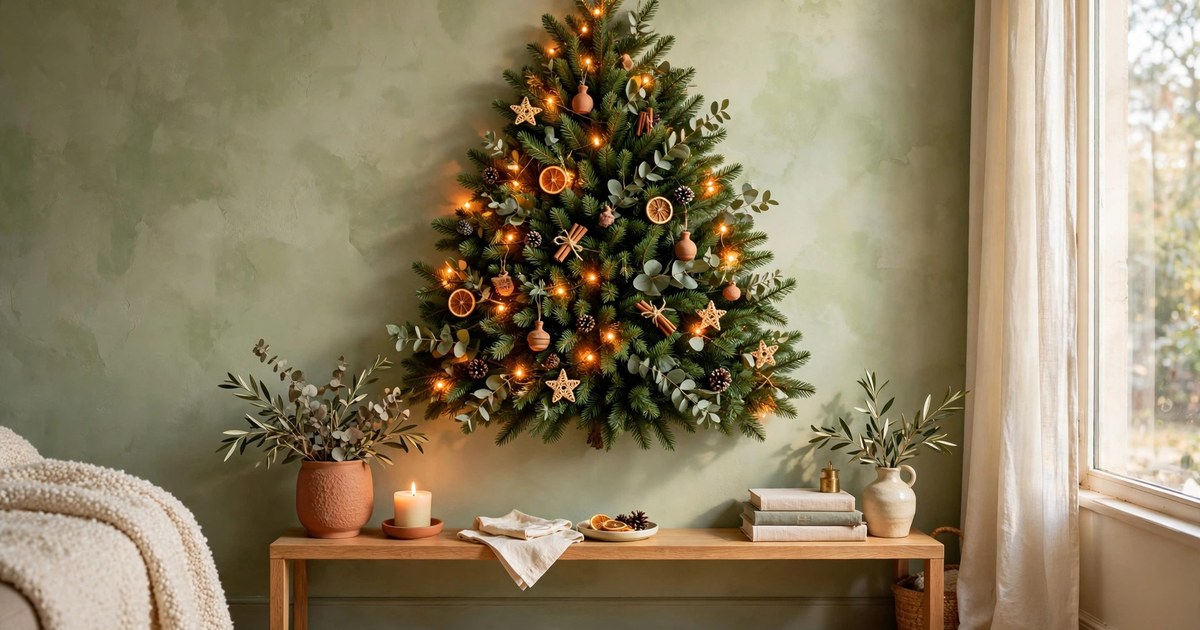 Half Christmas tree flat against an apartment wall with a narrow console table in front