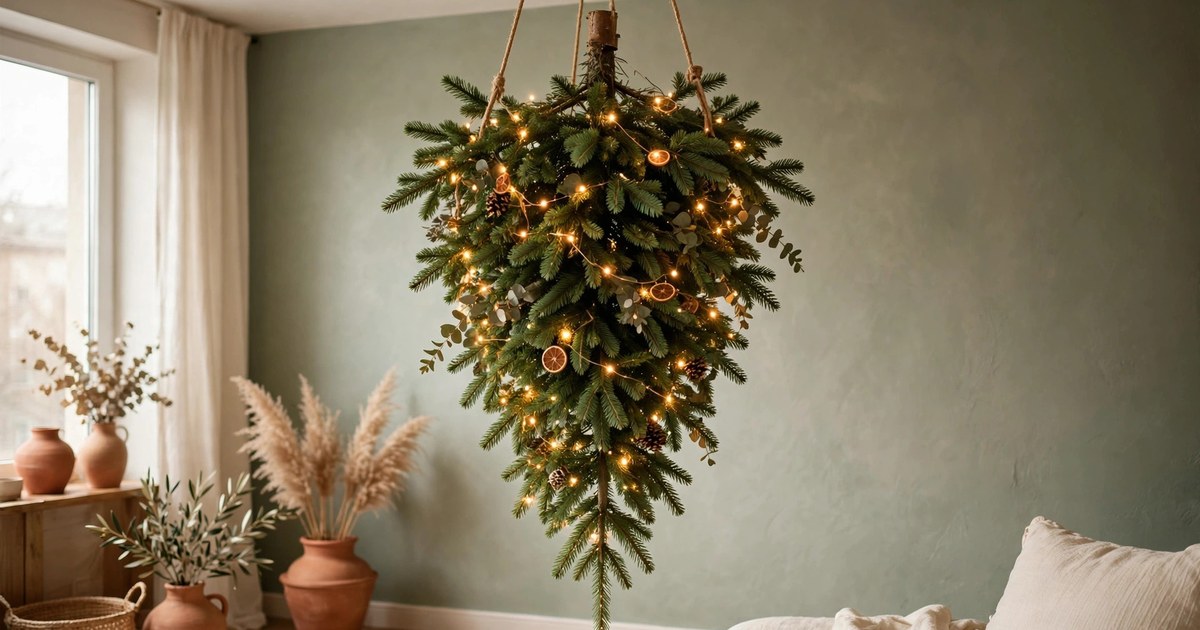 Small Christmas tree hanging upside down from an apartment ceiling with warm fairy lights