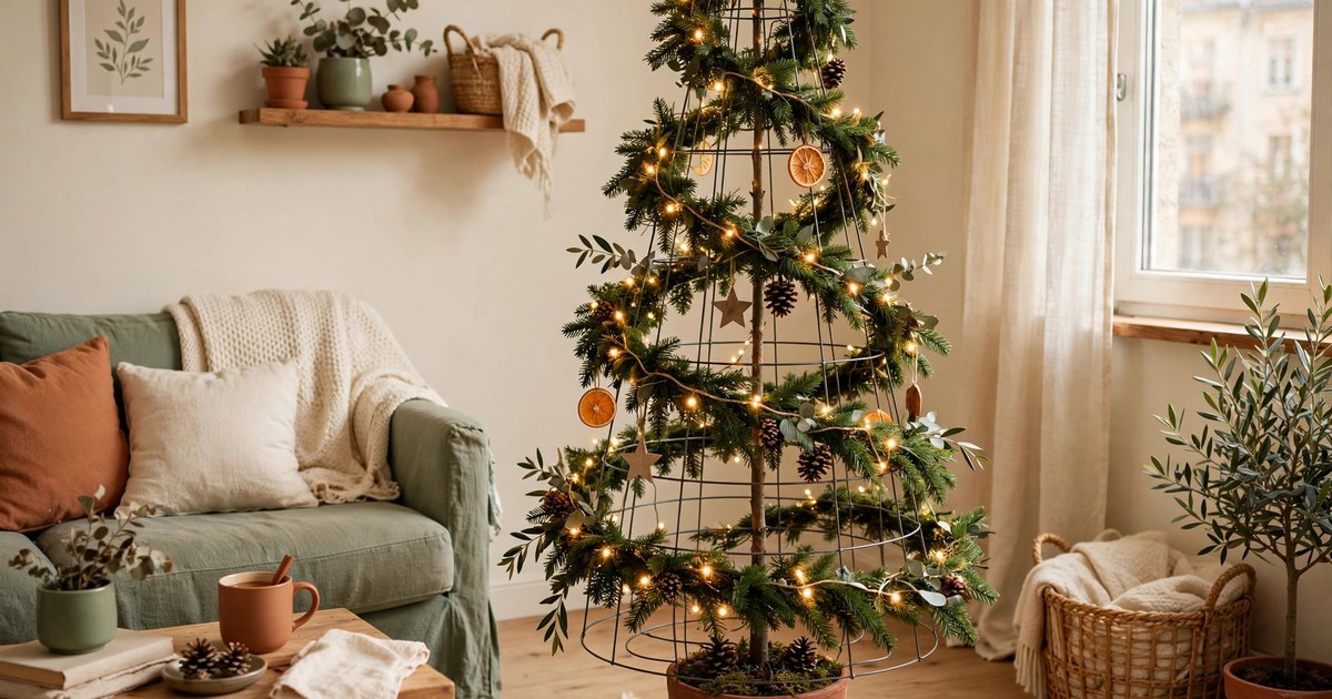 DIY Christmas tree made from a tomato cage wrapped in green garland with lights in a small apartment