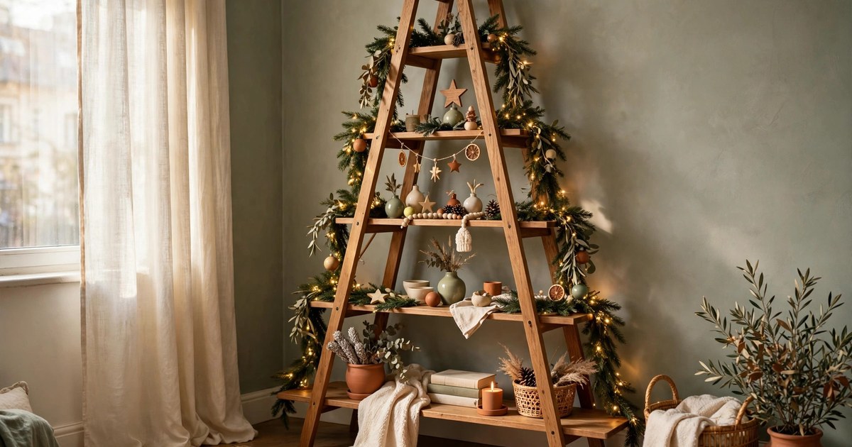 Wooden ladder shelf styled as a Christmas tree with garland, lights and small ornaments in an apartment corner