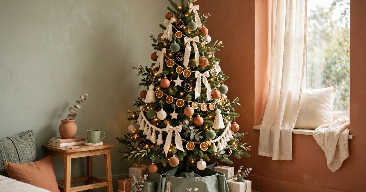 Pop-up collapsible Christmas tree fully decorated in a small living room corner