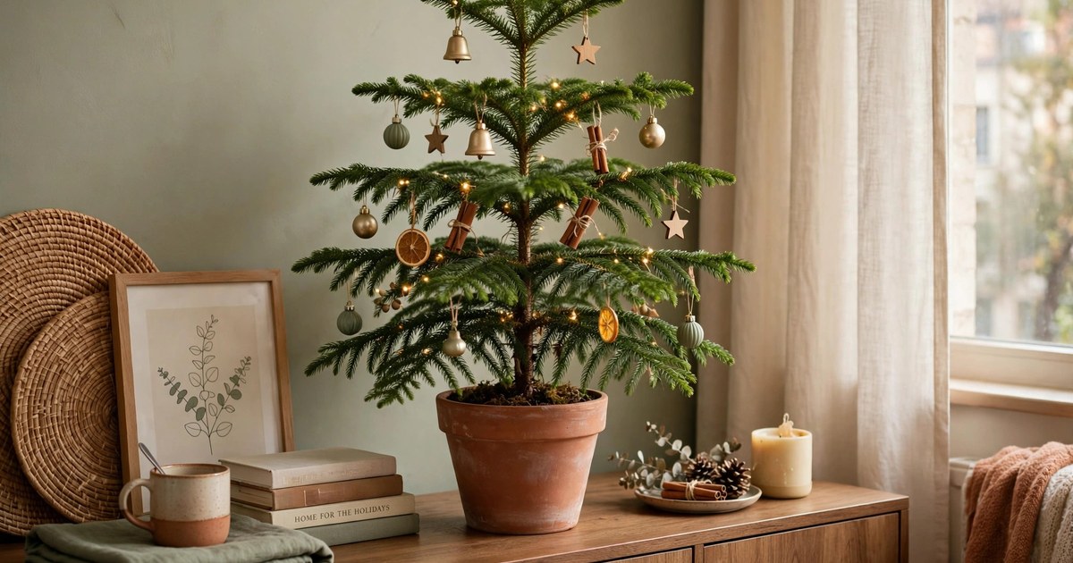 Potted Norfolk Island pine decorated with small ornaments as a living Christmas tree on an apartment sideboard