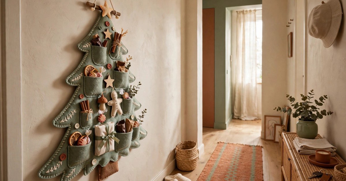Felt Christmas tree wall hanging with pockets holding small ornaments and treats in a narrow apartment hallway