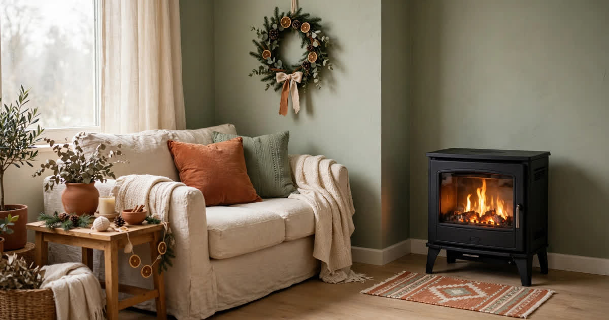 A compact black electric fireplace stove glowing in the corner of a small apartment living room