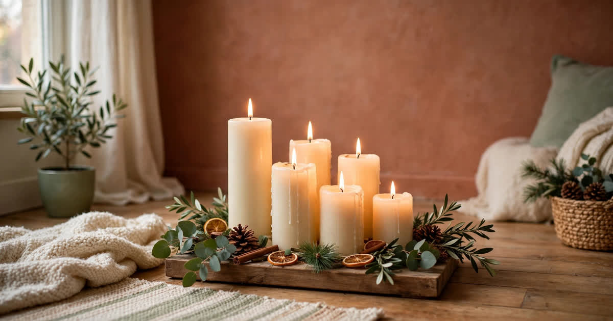 A cluster of ivory pillar candles of different heights glowing on a wooden tray in a small apartment