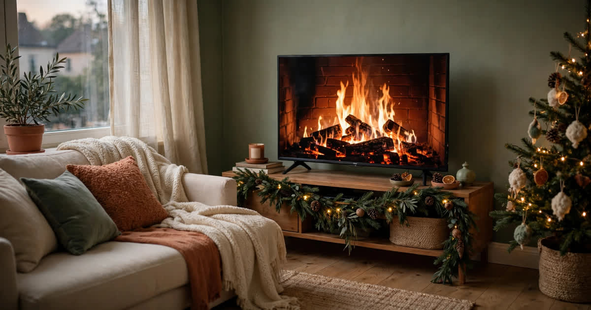 A television showing a crackling fireplace video loop in a cozy small apartment living room at Christmas