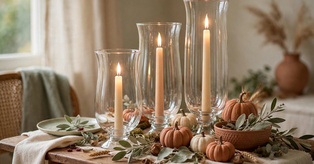 Flameless taper candles glowing inside glass hurricane holders on a small Thanksgiving table