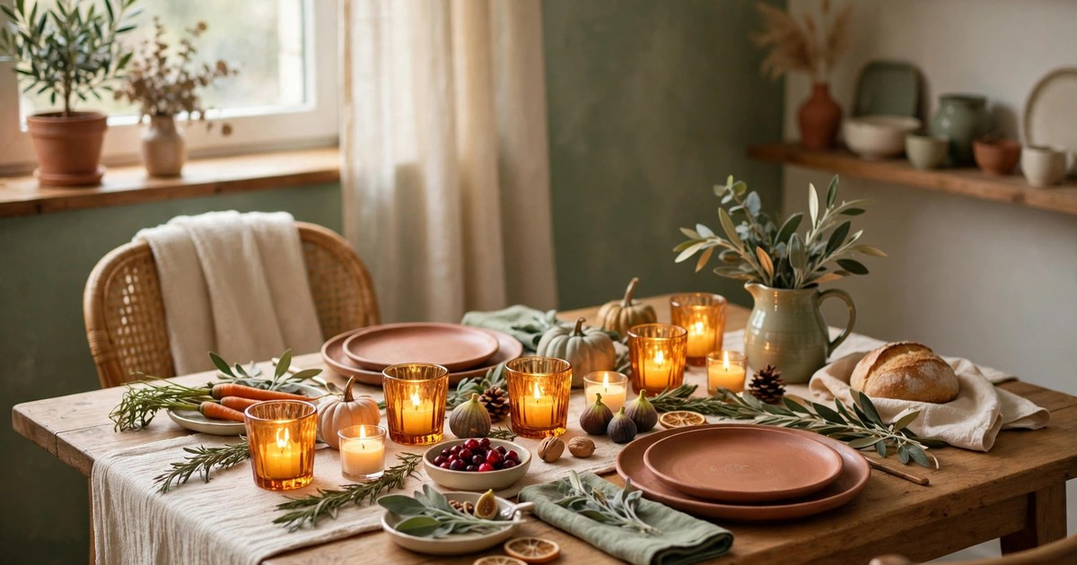 Amber glass votive holders glowing along a small apartment Thanksgiving table