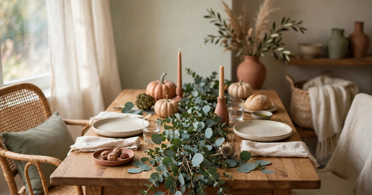 A fresh eucalyptus garland running down the centre of a small Thanksgiving table