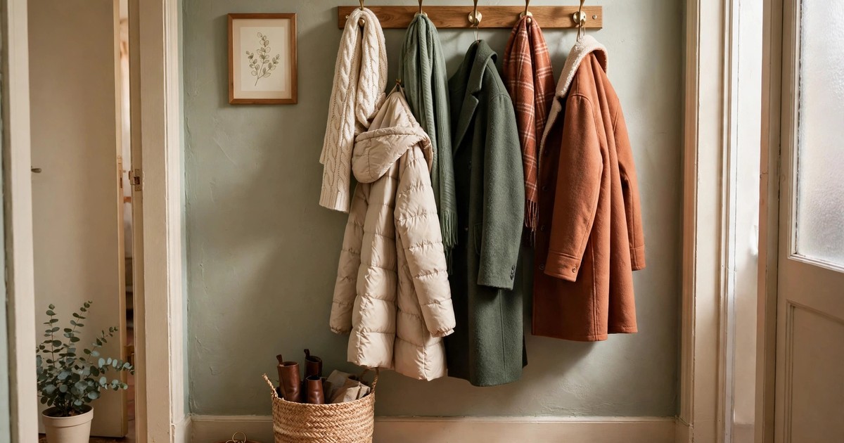 A wall-mounted hook rail with winter coats and scarves in a small apartment hallway