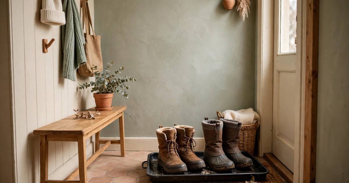 A boot tray with winter boots and a coir mat in a small apartment entryway