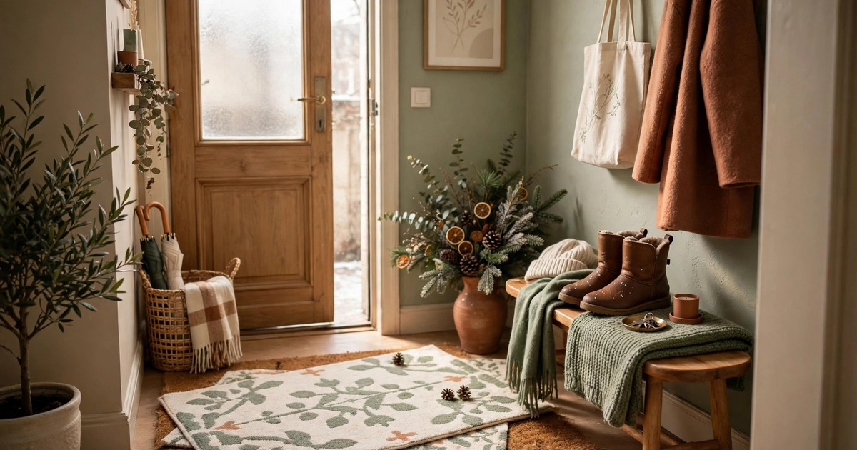 Layered coir mat and washable rug in a small apartment entryway