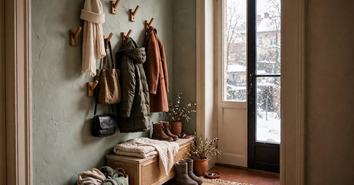 Staggered wall hooks holding coats and bags in a narrow apartment entryway