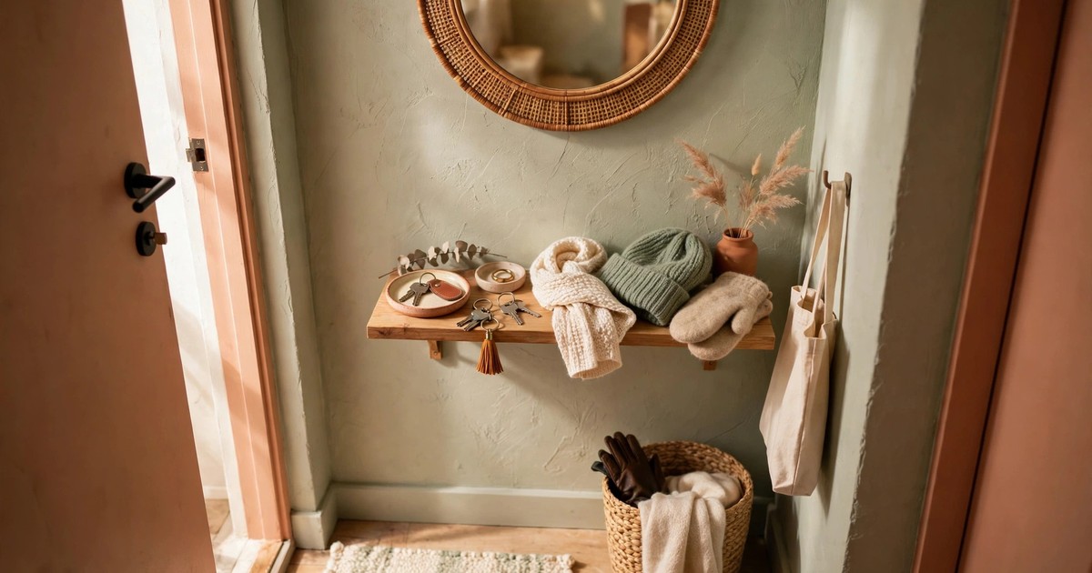 A mirror and small shelf with keys and winter accessories in a small apartment entryway