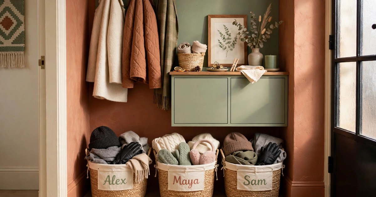 Labelled baskets for each person's winter gear in a small apartment entryway