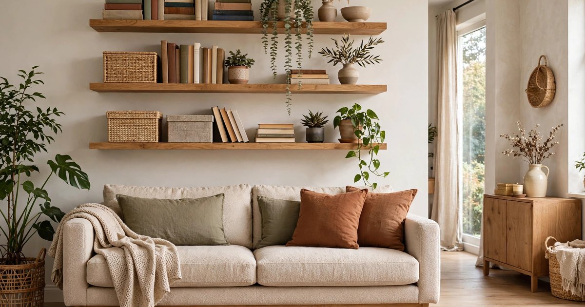 Floating shelves above the sofa
