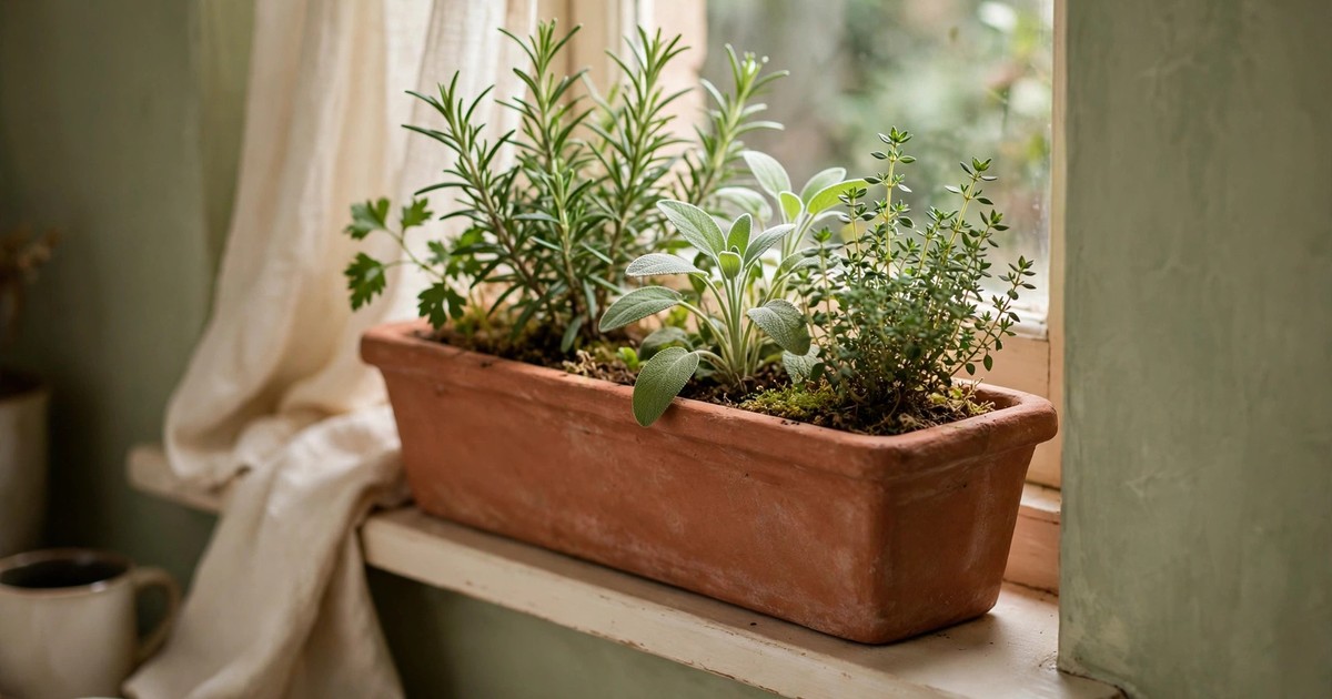 A narrow terracotta trough planter with herbs on a small windowsill