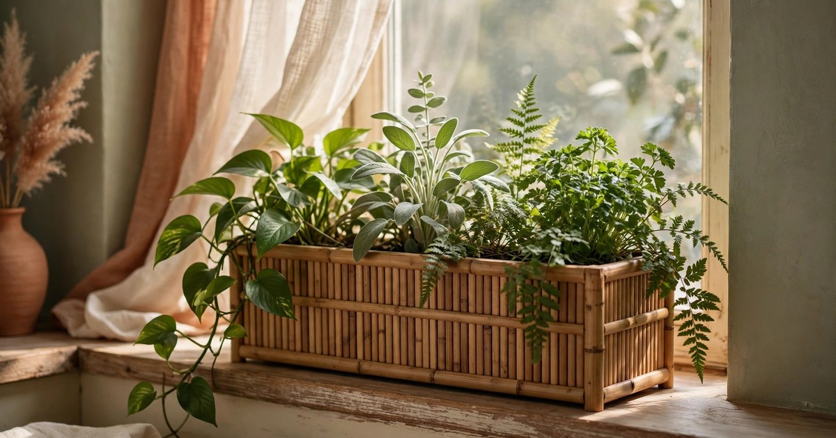 A bamboo planter box with green plants on a windowsill
