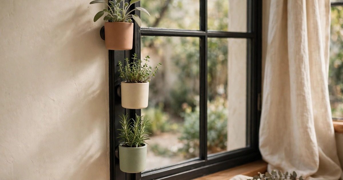 Small magnetic planters attached to a metal window frame with herbs