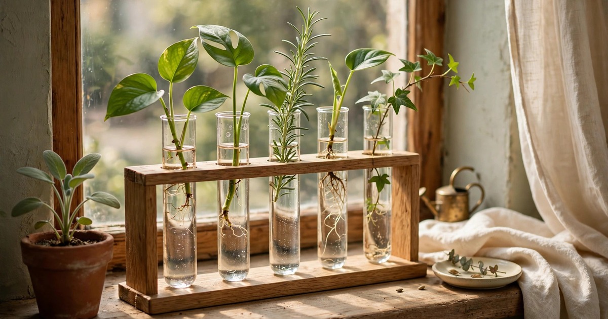 A glass propagation station with plant cuttings on a sunny windowsill