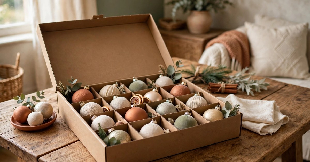 Christmas ornaments nestled in divided compartments of a storage box