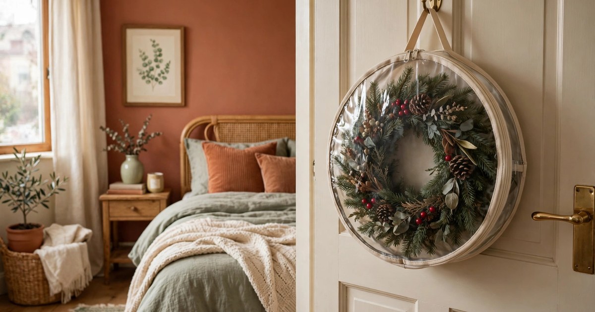 A Christmas wreath stored in a round zippered bag hanging on the back of a door