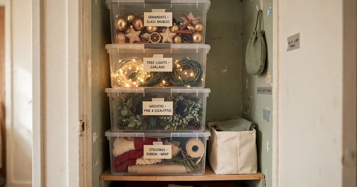 A stack of labeled clear bins containing Christmas decor in a rental closet