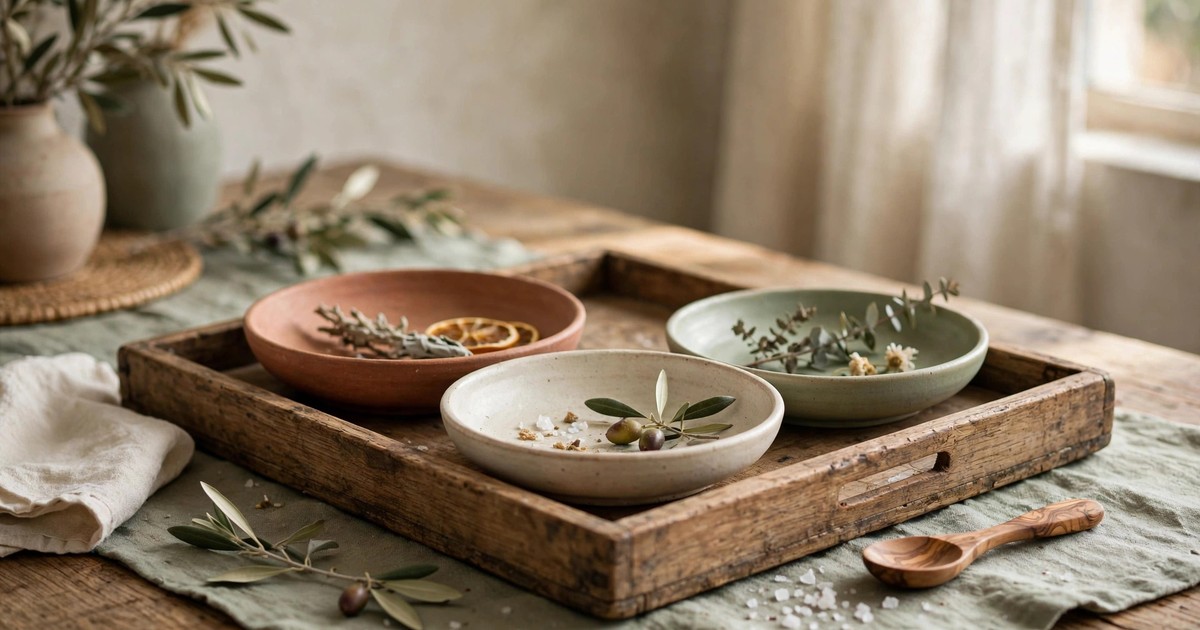 A low wooden tray and shallow ceramic bowls arranged as centrepiece vessels