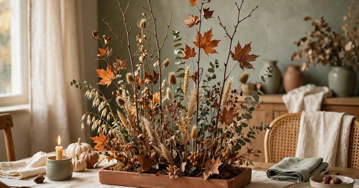 Tall autumn branches arranged in a low tray to create centrepiece height