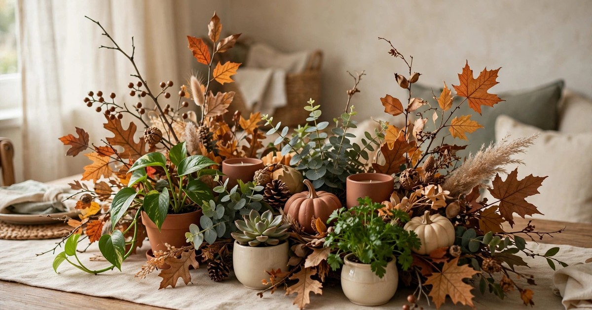 Houseplants tucked among fall branches in a low thanksgiving centrepiece