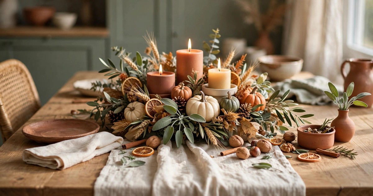 Finished thanksgiving centrepiece with candles and linen runner on a dining table