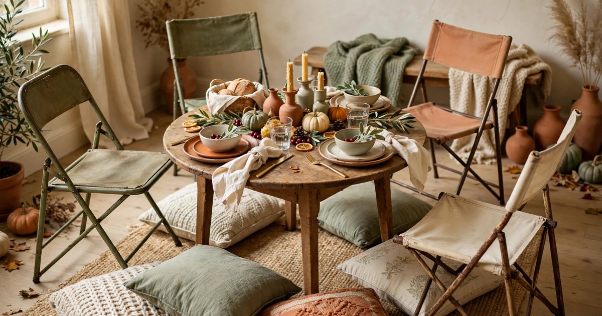Mismatched borrowed chairs gathered around a small dining table