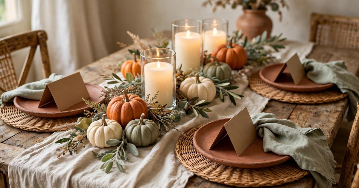 Thanksgiving table styled with linen runner, candles and autumn details