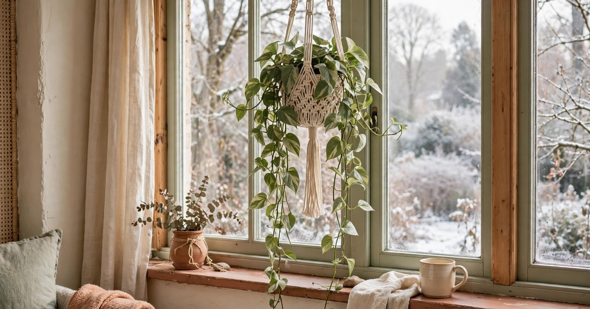 A trailing plant hanging in a bright winter window with soft daylight