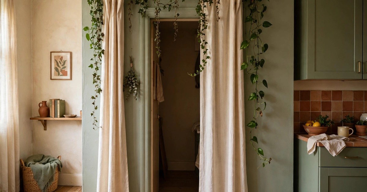 Trailing vines draped over a curtain rod above a doorway in a small apartment
