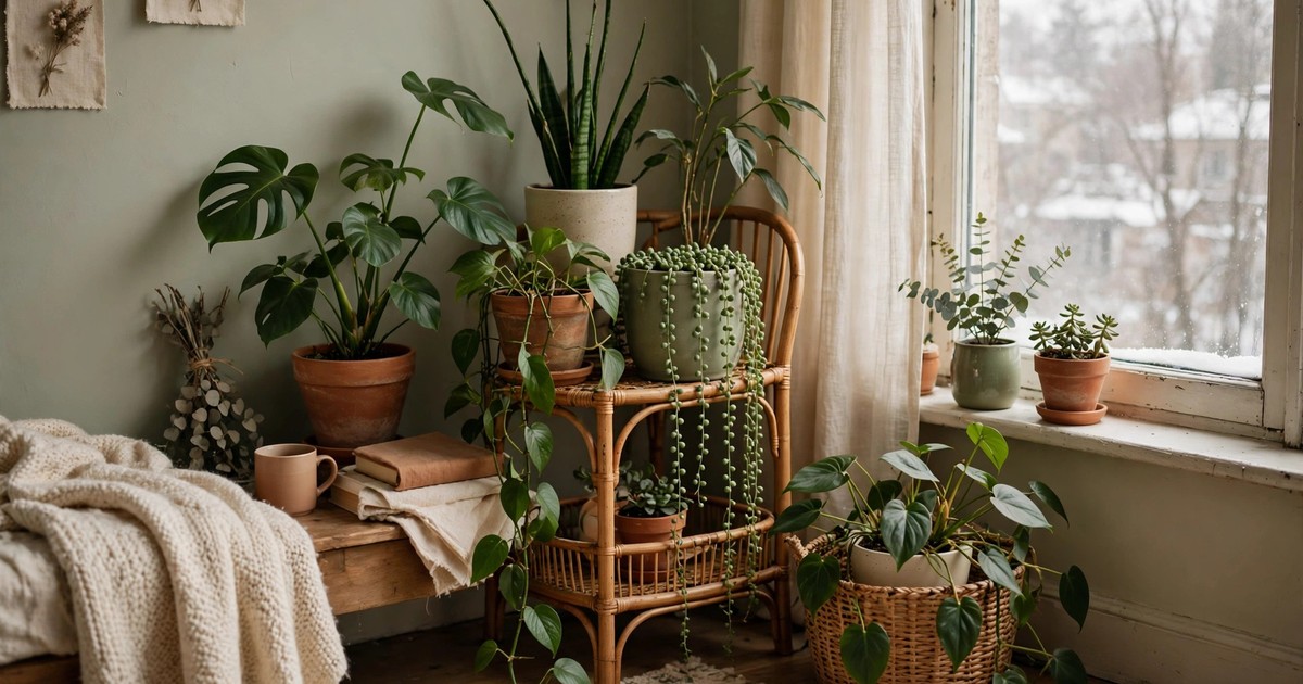 A group of trailing and upright houseplants styled together in a winter apartment corner