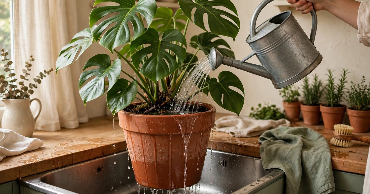 Watering a large potted monstera deeply with a watering can