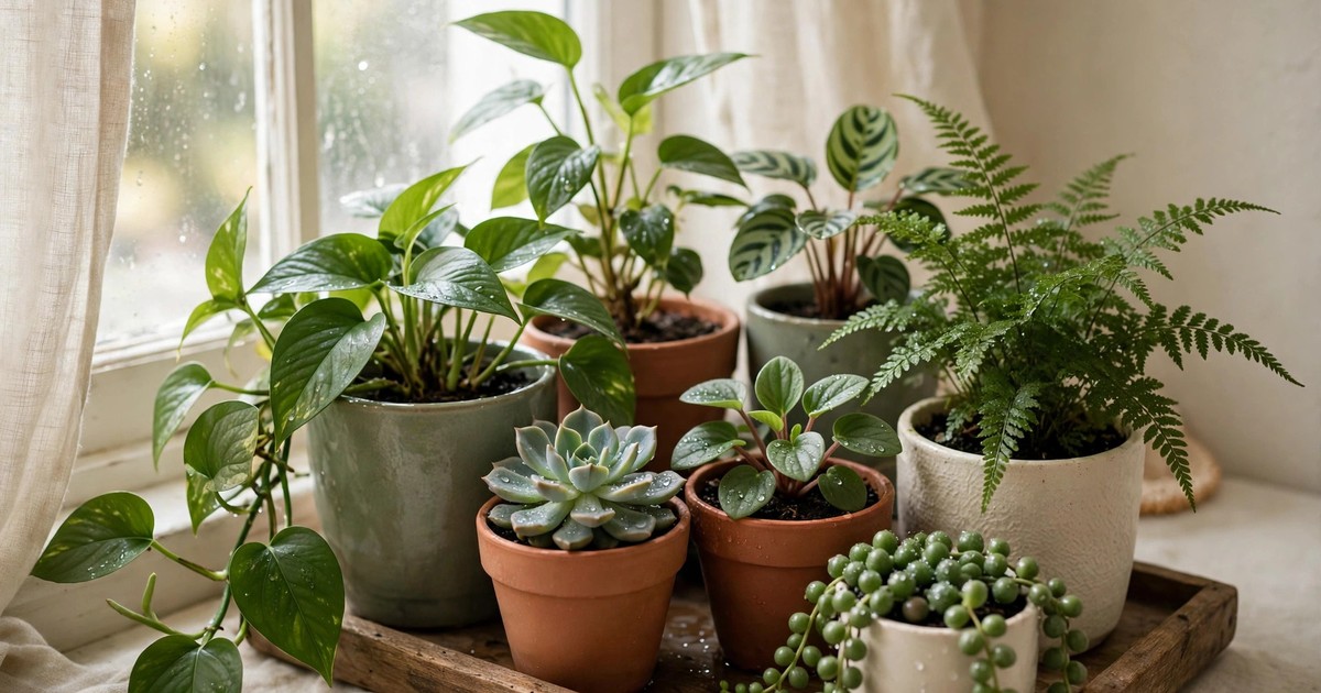 Potted houseplants grouped together on a tray near a bright window