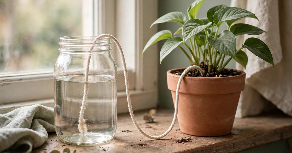 A DIY wick watering system with a cotton wick from a jar of water into a plant pot