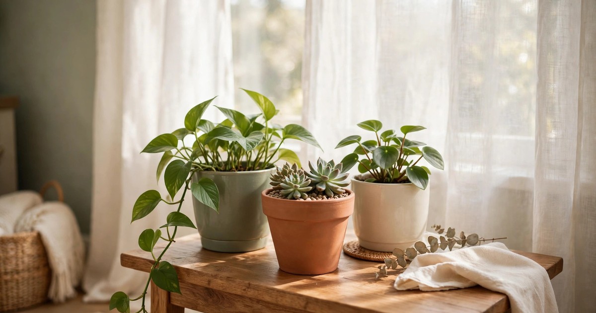 Potted houseplants moved back from a sunny window onto a side table