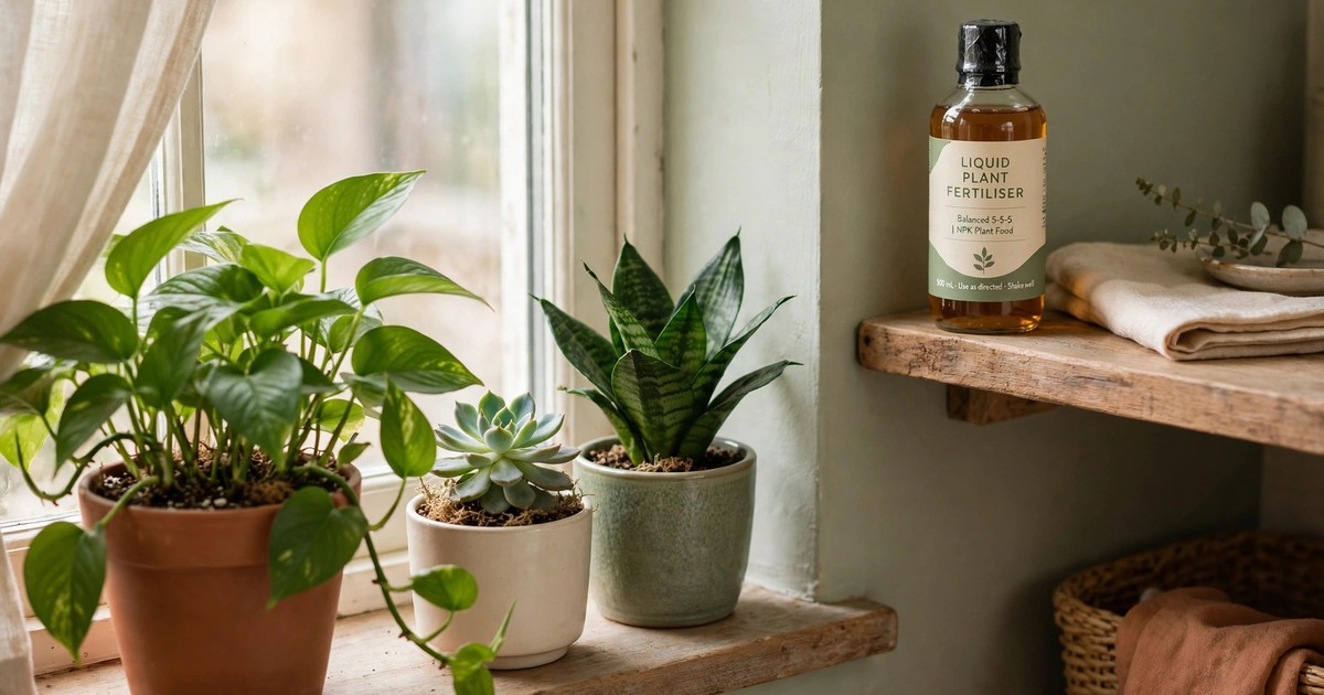 Healthy houseplants on a windowsill with an unopened bottle of fertiliser on a shelf
