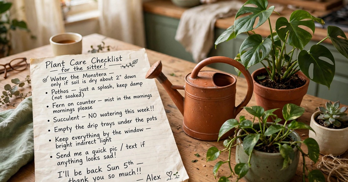 A handwritten plant care checklist beside a watering can and potted plants