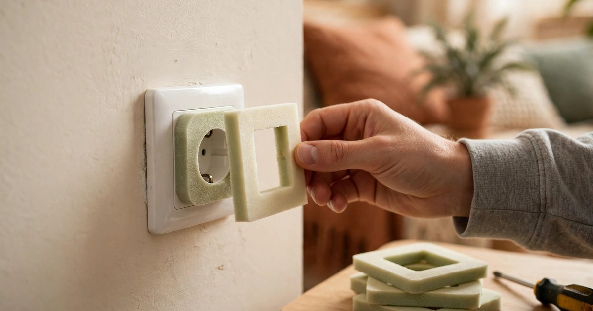 Foam outlet gasket being fitted behind a wall socket cover plate in a rental apartment