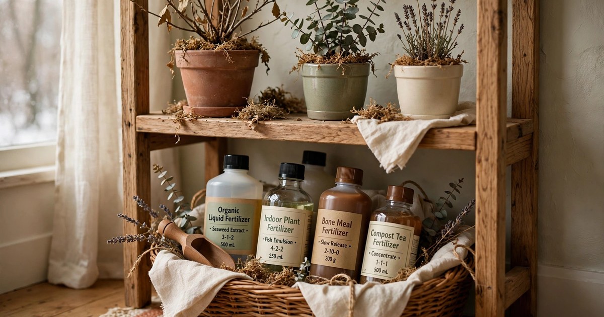 Fertilizer bottles stored away in a basket under a plant shelf for winter